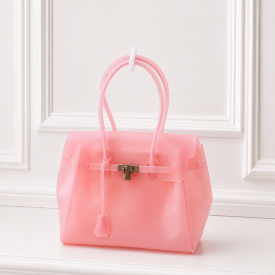 Le cabas MyJellyB en coloris Dragée, posé devant des boiseries blanches